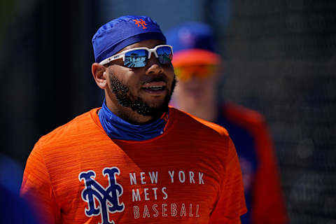 Feb 25, 2021; Port St. Lucie, Florida, USA; New York Mets first baseman Dominic Smith (2) walks to a practice field during spring training workouts at Clover Park. Mandatory Credit: Jasen Vinlove-USA TODAY Sports