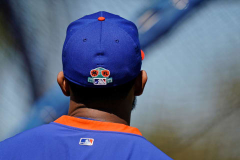 Feb 25, 2021; Port St. Lucie, Florida, USA; A detailed view of the spring training logo on the cap worn by New York Mets outfielder Jose Martínez during spring training workouts at Clover Park. Mandatory Credit: Jasen Vinlove-USA TODAY SportsJosé Martínez