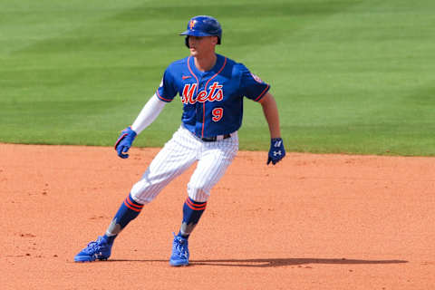 Mar 2, 2021; Port St. Lucie, Florida, USA; New York Mets center fielder Brandon Nimmo (9) runs the bases against the Houston Astros in the third inning at Clover Park. Mandatory Credit: Sam Navarro-USA TODAY Sports