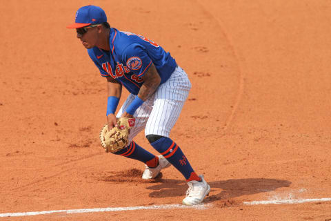 Mar 2, 2021; Port St. Lucie, Florida, USA; New York Mets first baseman Mark Vientos (87) plays his position against the Houston Astros during the fifth inning at Clover Park. Mandatory Credit: Sam Navarro-USA TODAY Sports