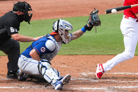 Mar 3, 2021; Jupiter, Florida, USA; New York Mets catcher Tomas Nido (3) plays his position against the St. Louis Cardinals during the third inning at Roger Dean Chevrolet Stadium. Mandatory Credit: Sam Navarro-USA TODAY Sports