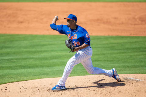 Mar 9, 2021; Port St. Lucie, Florida, USA; New York Mets relief pitcher Edwin Diaz (39) delivers a pitch during the third inning of a spring training game between the St. Louis Cardinals and New York Mets at Clover Park. Mandatory Credit: Mary Holt-USA TODAY Sports