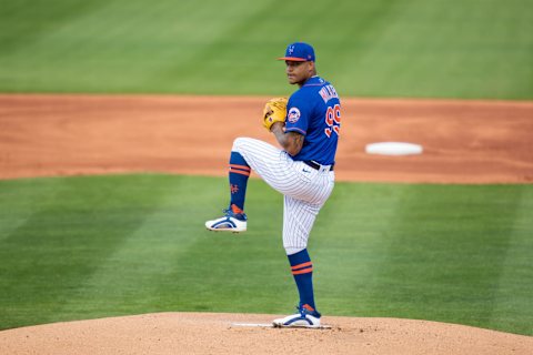 Mar 9, 2021; Port St. Lucie, Florida, USA; New York Mets starting pitcher Taijuan Walker (99) delivers a pitch during the first inning of a spring training game between the St. Louis Cardinals and New York Mets at Clover Park. Mandatory Credit: Mary Holt-USA TODAY Sports