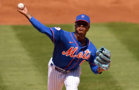 Mar 12, 2021; Port St. Lucie, Florida, USA; New York Mets starting pitcher Marcus Stroman (0) pitches against the Miami Marlins during a spring training game at Clover Park. Mandatory Credit: Jim Rassol-USA TODAY Sports