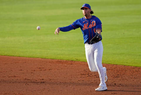 Mar 26, 2021; Port St. Lucie, Florida, USA; New York Mets second baseman Jeff McNeil (6) throws out Washington Nationals right fielder Hernan Perez (3, not pictured) in the 2nd inning of the spring training game at Clover Park. Mandatory Credit: Jasen Vinlove-USA TODAY Sports