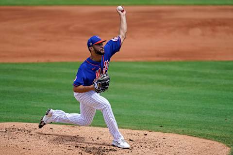 Mar 27, 2021; Port St. Lucie, Florida, USA; New York Mets starting pitcher Joey Lucchesi (47) delivers a pitch in the 2nd inning of the spring training game against the Houston Astros at Clover Park. Mandatory Credit: Jasen Vinlove-USA TODAY Sports