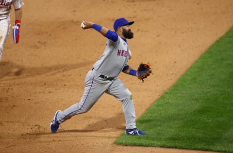 Apr 5, 2021; Philadelphia, Pennsylvania, USA; New York Mets infielder Luis Guillorme (13) throws toward home plate against the Philadelphia Phillies in the eighth inning at Citizens Bank Park. Mandatory Credit: Kyle Ross-USA TODAY Sports