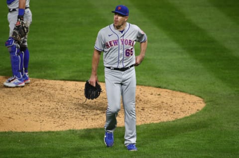 Apr 5, 2021; Philadelphia, Pennsylvania, USA; New York Mets relief pitcher Trevor May (65) reacts after being taken out of the game in the eighth inning against the Philadelphia Phillies at Citizens Bank Park. Mandatory Credit: Kyle Ross-USA TODAY Sports