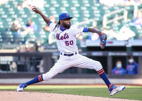 Apr 13, 2021; New York City, New York, USA; New York Mets pitcher Miguel Castro (50) pitches in the fifth inning against the Philadelphia Phillies at Citi Field. Mandatory Credit: Wendell Cruz-USA TODAY Sports