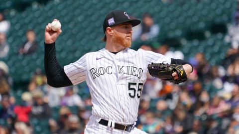 May 5, 2021; Denver, Colorado, USA; Colorado Rockies starting pitcher Jon Gray (55) delivers a pitch during the first inning against the San Francisco Giants at Coors Field. Mandatory Credit: Troy Babbitt-USA TODAY Sports