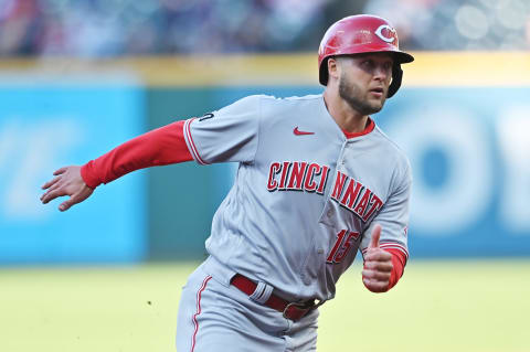 May 8, 2021; Cleveland, Ohio, USA; Cincinnati Reds center fielder Nick Senzel (15) advances to third base on a double by designated hitter Jesse Winker (not pictured) against the Cleveland Indians during the third inning at Progressive Field. Mandatory Credit: Ken Blaze-USA TODAY Sports