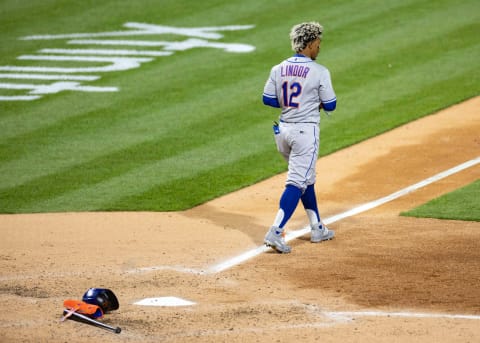 Apr 30, 2021; Philadelphia, Pennsylvania, USA; New York Mets shortstop Francisco Lindor (12) reacts after striking out against the Philadelphia Phillies in the seventh inning at Citizens Bank Park. Mandatory Credit: Kam Nedd-USA TODAY Sports