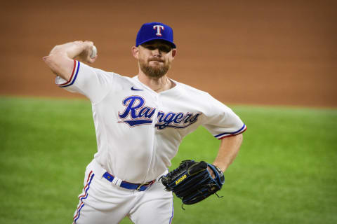 May 17, 2021; Arlington, Texas, USA; Texas Rangers relief pitcher Ian Kennedy (31) pitches against the New York Yankees during the game at Globe Life Field. Mandatory Credit: Jerome Miron-USA TODAY Sports