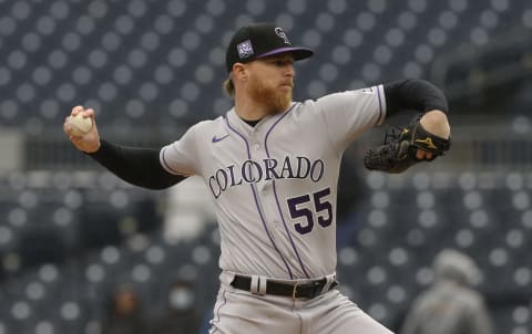 May 29, 2021; Pittsburgh, Pennsylvania, USA; Colorado Rockies starting pitcher Jon Gray (55) delivers a pitch against the Pittsburgh Pirates during the first inning at PNC Park. Mandatory Credit: Charles LeClaire-USA TODAY Sports