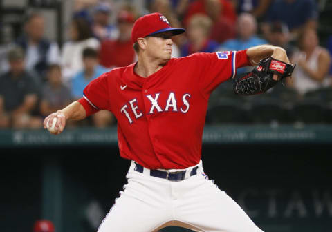 Jun 4, 2021; Arlington, Texas, USA; Texas Rangers starting pitcher Kyle Gibson (44) delivers to the plate during the first inning against the Tampa Bay Rays at Globe Life Field. Mandatory Credit: Raymond Carlin III-USA TODAY Sports