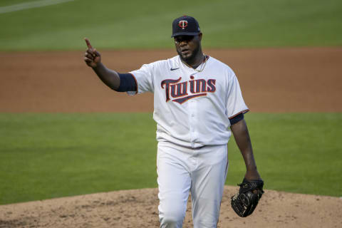 Jun 8, 2021; Minneapolis, Minnesota, USA; Minnesota Twins starting pitcher Michael Pineda (35) points to the crowd after getting an out to finish the fourth inning against the New York Yankees at Target Field. Mandatory Credit: Jesse Johnson-USA TODAY Sports