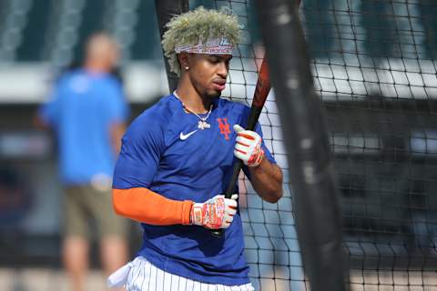 Jun 14, 2021; New York City, New York, USA; New York Mets shortstop Francisco Lindor (12) enters the batting cage for batting practice before a game against the Chicago Cubs at Citi Field. Mandatory Credit: Brad Penner-USA TODAY Sports