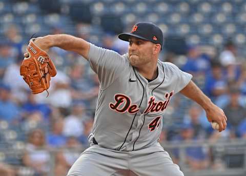 Jun 14, 2021; Kansas City, Missouri, USA; Detroit Tigers starting pitcher Matthew Boyd (48) delivers a pitch during the first inning against the Kansas City Royals at Kauffman Stadium. Mandatory Credit: Peter Aiken-USA TODAY Sports