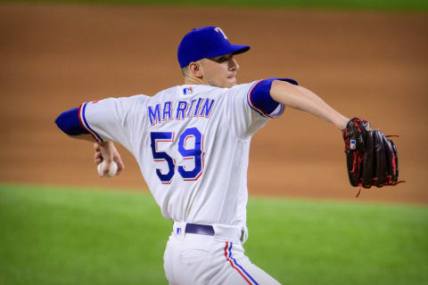 Jun 23, 2021; Arlington, Texas, USA; Texas Rangers relief pitcher Brett Martin (59) pitches against the Oakland Athletics during the eighth inning at Globe Life Field. Mandatory Credit: Jerome Miron-USA TODAY Sports