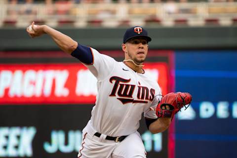 Jun 24, 2021; Minneapolis, Minnesota, USA; Minnesota Twins starting pitcher Jose Berrios (17) pitches against the Cleveland Indians in the second inning at Target Field. Mandatory Credit: Brad Rempel-USA TODAY Sports