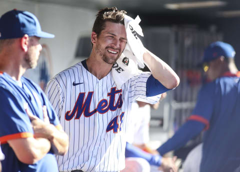 Jun 26, 2021; New York City, New York, USA; New York Mets pitcher Jacob deGrom (48) back in the dugout after giving up a run in the sixth inning against the Philadelphia Phillies at Citi Field. Mandatory Credit: Wendell Cruz-USA TODAY Sports