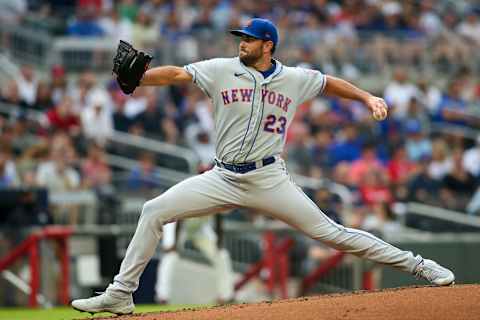 Jun 30, 2021; Atlanta, Georgia, USA; New York Mets starting pitcher David Peterson (23) throws a pitch against the Atlanta Braves in the first inning at Truist Park. Mandatory Credit: Brett Davis-USA TODAY Sports