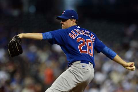 Jul 16, 2021; Phoenix, Arizona, USA; Chicago Cubs starting pitcher Kyle Hendricks (28) pitches against the Arizona Diamondbacks during the first inning at Chase Field. Mandatory Credit: Joe Camporeale-USA TODAY Sports