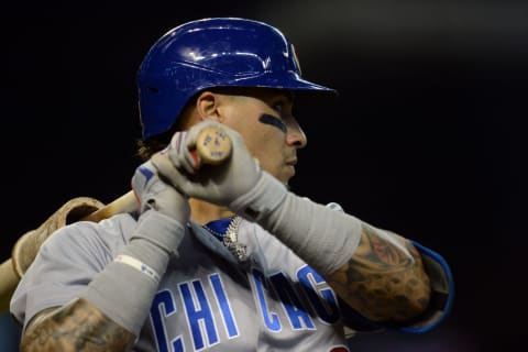 Jul 17, 2021; Phoenix, Arizona, USA; Chicago Cubs shortstop Javier Baez (9) waits on deck against the Arizona Diamondbacks during the first inning at Chase Field. Mandatory Credit: Joe Camporeale-USA TODAY Sports