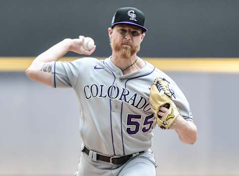 Jun 25, 2021; Milwaukee, Wisconsin, USA; Colorado Rockies pitcher Jon Gray (55) pitches in the first inning against the Milwaukee Brewers at American Family Field. Mandatory Credit: Benny Sieu-USA TODAY Sports