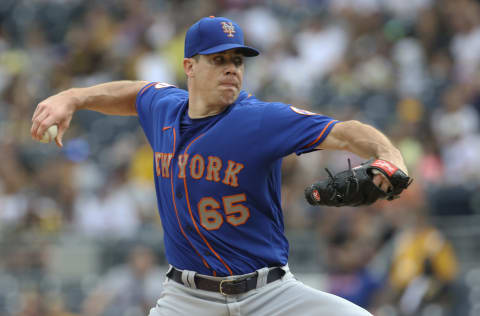 Jul 18, 2021; Pittsburgh, Pennsylvania, USA; New York Mets relief pitcher Trevor May (65) throws a pitch against the Pittsburgh Pirates during the ninth inning at PNC Park. Mandatory Credit: Charles LeClaire-USA TODAY Sports