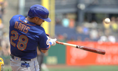 Jul 18, 2021; Pittsburgh, Pennsylvania, USA; New York Mets third baseman J.D. Davis (28) at bat against the Pittsburgh Pirates during the fourth inning at PNC Park. Mandatory Credit: Charles LeClaire-USA TODAY Sports