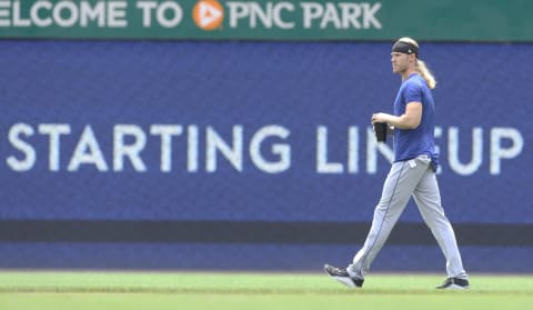 Jul 18, 2021; Pittsburgh, Pennsylvania, USA; New York Mets pitcher Noah Syndergaard ((34) walks in the outfield before the game against the Pittsburgh Pirates at PNC Park. Mandatory Credit: Charles LeClaire-USA TODAY Sports