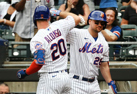 Jul 29, 2021; New York City, New York, USA; New York Mets first baseman Pete Alonso (20) is congratulated by third baseman J.D. Davis (28) after hitting a two-run home run against the Atlanta Braves during the fifth inning at Citi Field. Mandatory Credit: Andy Marlin-USA TODAY Sports