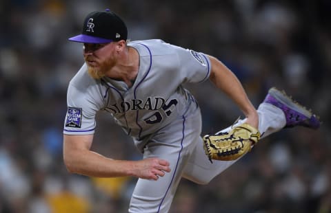 Jul 30, 2021; San Diego, California, USA; Colorado Rockies starting pitcher Jon Gray (55) follows through on a pitch against the San Diego Padres during the fourth inning at Petco Park. Mandatory Credit: Orlando Ramirez-USA TODAY Sports