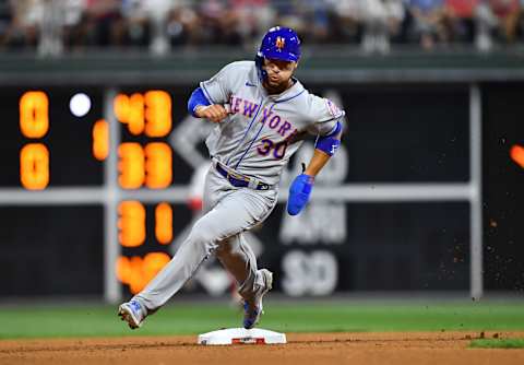 Aug 6, 2021; Philadelphia, Pennsylvania, USA; New York Mets right fielder Michael Conforto (30) advances to third in the fourth inning against the Philadelphia Phillies at Citizens Bank Park. Mandatory Credit: Kyle Ross-USA TODAY Sports