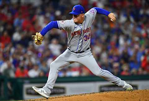 Aug 6, 2021; Philadelphia, Pennsylvania, USA; New York Mets relief pitcher Aaron Loup (32) throws a pitch in the sixth inning against the Philadelphia Phillies at Citizens Bank Park. Mandatory Credit: Kyle Ross-USA TODAY Sports