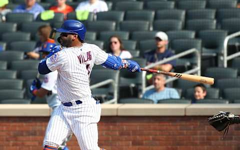 Aug 11, 2021; New York, New York, USA; New York Mets shortstop Jonathan Villar (1) singles against the Washington Nationals during the second inning at Citi Field Mandatory Credit: Andy Marlin-USA TODAY Sports