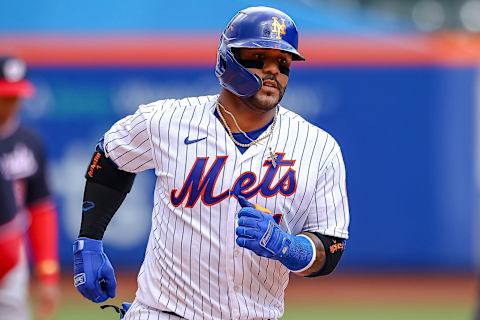 Aug 12, 2021; New York City, NY, USA; New York Mets second baseman Jonathan Villar (1) runs the bases after hitting a two run home run during the sixth inning against the Washington Nationals at Citi Field. Mandatory Credit: Vincent Carchietta-USA TODAY Sports