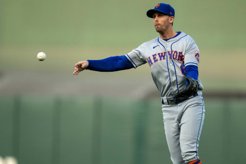 Aug 17, 2021; San Francisco, California, USA; New York Mets second baseman Jeff McNeil (6) throws out San Francisco Giants shortstop Brandon Crawford (not pictured) during the first inning at Oracle Park. Mandatory Credit: Neville E. Guard-USA TODAY Sports