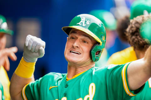 Sep 4, 2021; Toronto, Ontario, CAN; Oakland Athletics third baseman Matt Chapman (26) celebrates after hitting a home run against the Toronto Blue Jays during the fifth inning at Rogers Centre. Mandatory Credit: Kevin Sousa-USA TODAY Sports