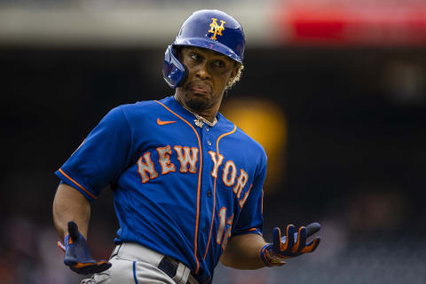 Sep 5, 2021; Washington, District of Columbia, USA; New York Mets shortstop Francisco Lindor (12) reacts after hitting a home run against the Washington Nationals during the ninth inning at Nationals Park. Mandatory Credit: Scott Taetsch-USA TODAY Sports