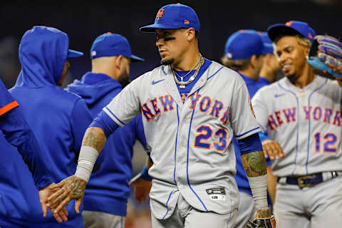 Sep 7, 2021; Miami, Florida, USA; New York Mets second baseman Javier Baez (23) celebrates with teammates after winning the game 9-4 against the Miami Marlins at loanDepot Park. Mandatory Credit: Sam Navarro-USA TODAY Sports