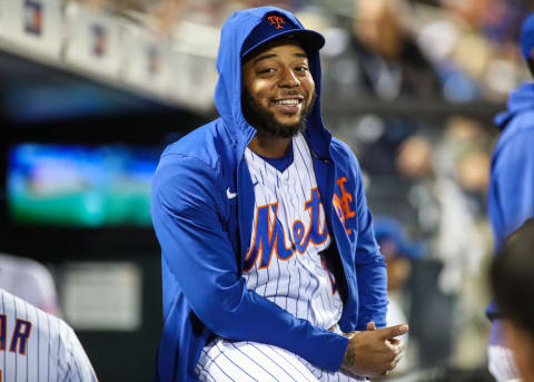 Aug 28, 2021; New York City, New York, USA; New York Mets infielder/outfielder Dominic Smith (2) at Citi Field. Mandatory Credit: Wendell Cruz-USA TODAY Sports