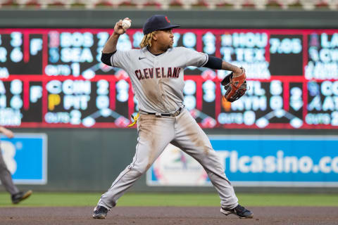 Sep 15, 2021; Minneapolis, Minnesota, USA; Cleveland Indians third baseman Jose Ramirez (11) throws to first base for the out during the first inning at Target Field. Mandatory Credit: Jordan Johnson-USA TODAY Sports