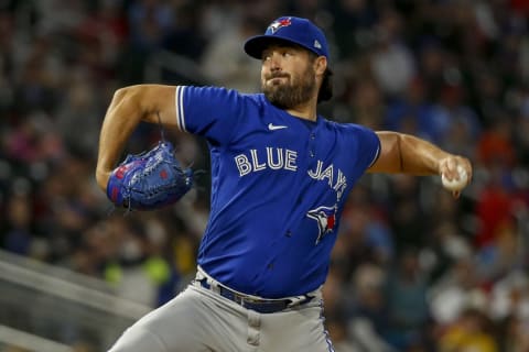 Sep 25, 2021; Minneapolis, Minnesota, USA; Toronto Blue Jays starting pitcher Robbie Ray (38) throws to the Minnesota Twins in the first inning at Target Field. Mandatory Credit: Bruce Kluckhohn-USA TODAY Sports