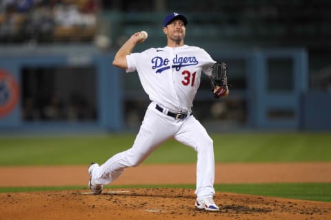 Sep 29, 2021; Los Angeles, California, USA; Los Angeles Dodgers starting pitcher Max Scherzer (31) throws a pitch in the second inning against the San Diego Padres at Dodger Stadium. Mandatory Credit: Kirby Lee-USA TODAY Sports