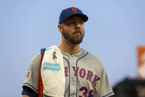 Oct 1, 2021; Atlanta, Georgia, USA; New York Mets starting pitcher Tylor Megill (38) before a game against the Atlanta Braves at Truist Park. Mandatory Credit: Brett Davis-USA TODAY Sports