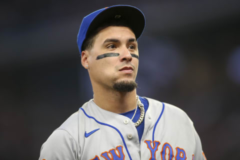 Oct 1, 2021; Atlanta, Georgia, USA; New York Mets shortstop Javier Baez (23) in action against the Atlanta Braves in the second inning at Truist Park. Mandatory Credit: Brett Davis-USA TODAY Sports