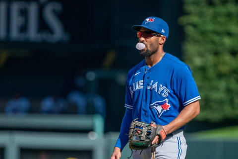 Sep 26, 2021; Minneapolis, Minnesota, USA; Toronto Blue Jays second baseman Marcus Semien (10) exits the field after the sixth inning at Target Field. Mandatory Credit: Matt Blewett-USA TODAY Sports