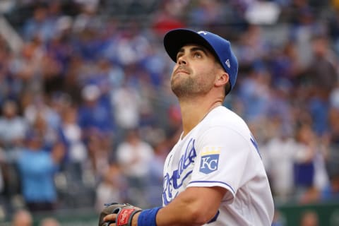 Oct 2, 2021; Kansas City, Missouri, USA; Kansas City Royals right fielder Whit Merrifield (15) warming up at Kauffman Stadium. Mandatory Credit: Gary Rohman-USA TODAY Sports